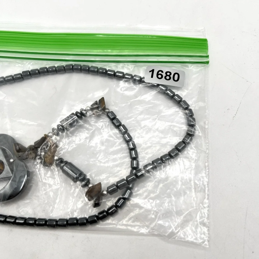 Handmade Hematite & Tiger Eye Mixed Beads Pendant Heart Necklace 16
